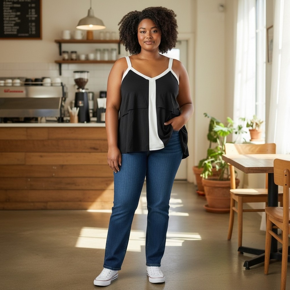 Cato Cold Shoulder Top XL Black White Excellent Ruffle Colorblock‎ V-Neck Jersey